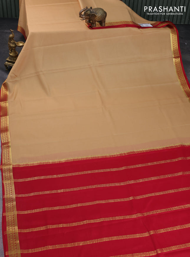 Pure mysore silk saree sandal and red with plain body and zari woven border