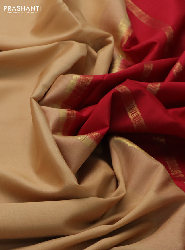 Pure mysore silk saree sandal and red with plain body and zari woven border