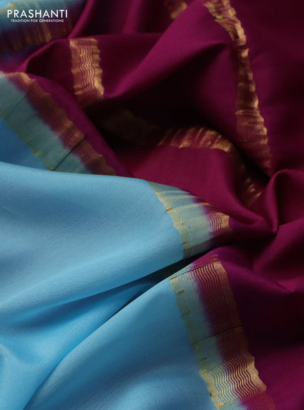 Pure mysore silk saree light blue and dark magenta pink with plain body and zari woven border