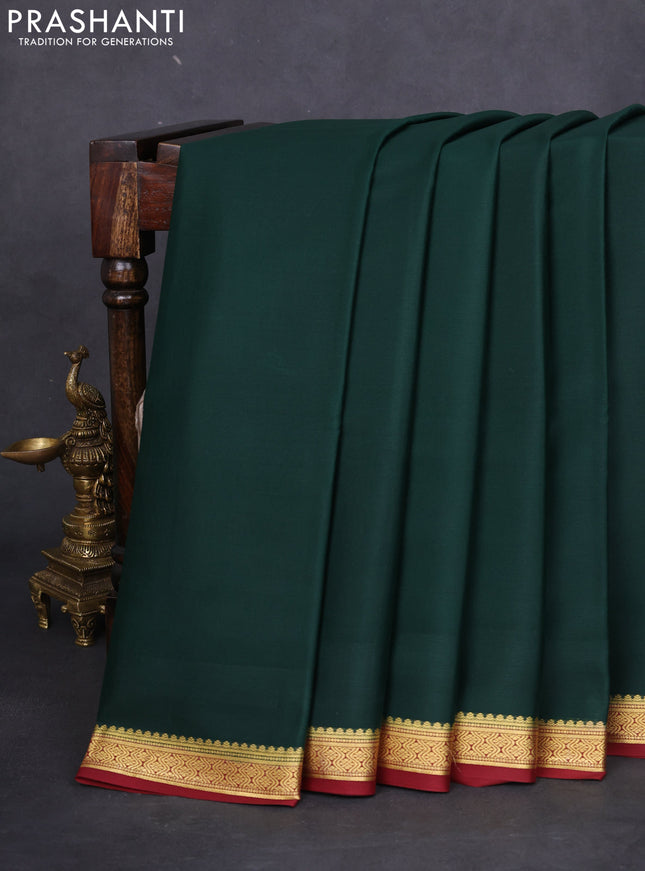 Pure mysore silk saree bottle green and maroon with plain body and zari woven border