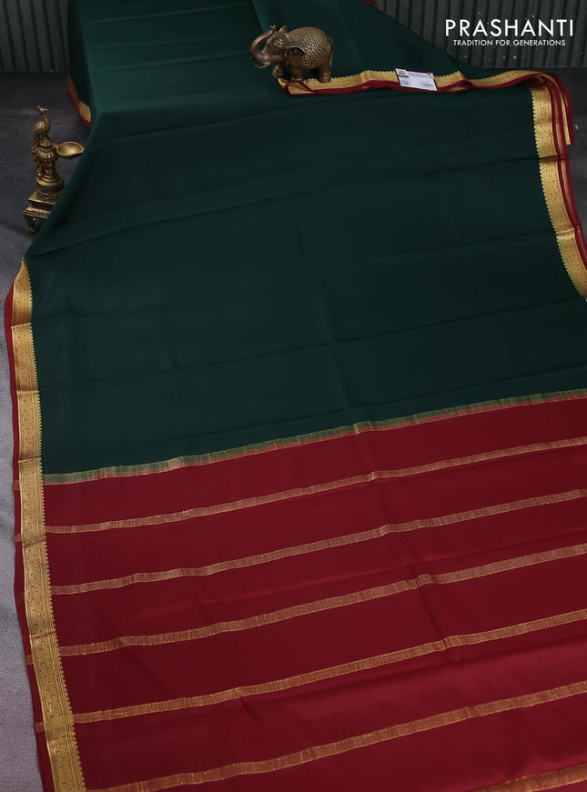 Pure mysore silk saree bottle green and maroon with plain body and zari woven border
