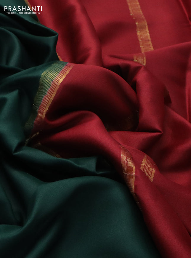 Pure mysore silk saree bottle green and maroon with plain body and zari woven border