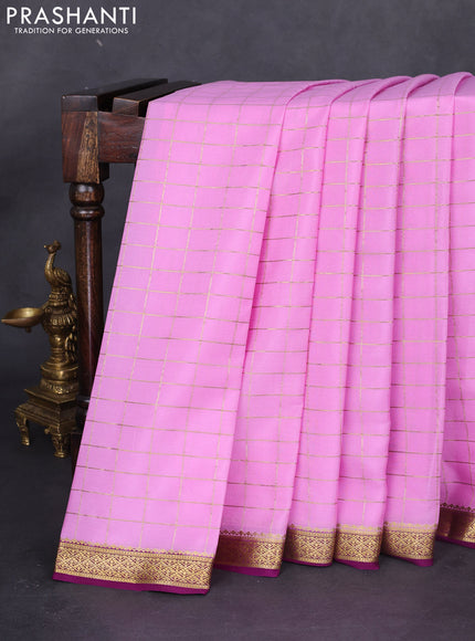 Pure mysore silk saree lotus pink and purple with allover zari checked pattern and zari woven border