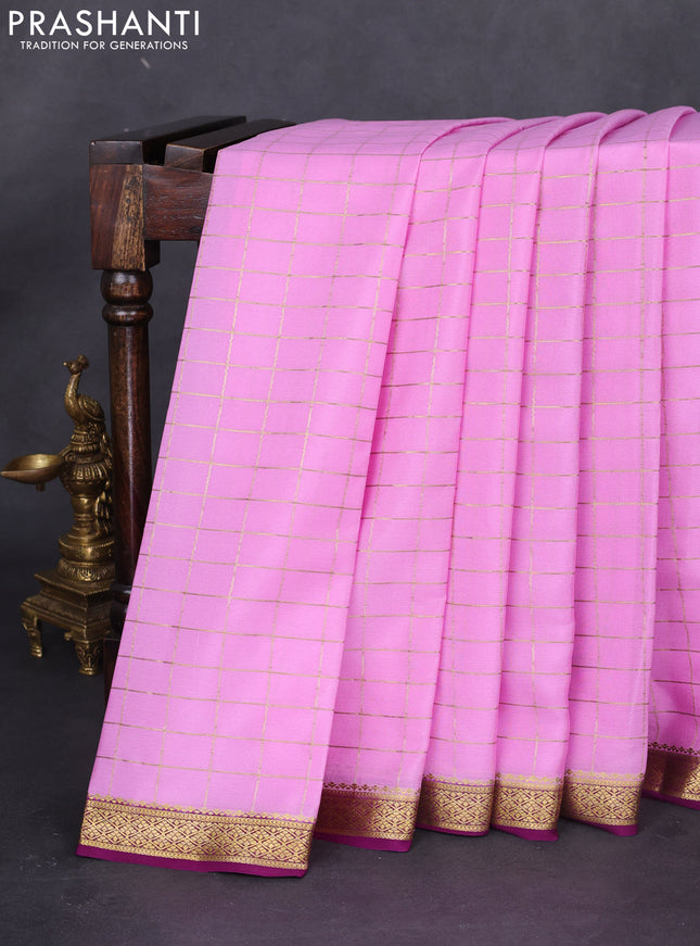 Pure mysore silk saree lotus pink and purple with allover zari checked pattern and zari woven border