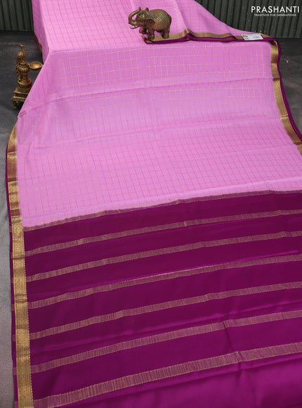 Pure mysore silk saree lotus pink and purple with allover zari checked pattern and zari woven border