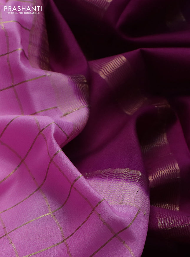 Pure mysore silk saree lotus pink and purple with allover zari checked pattern and zari woven border