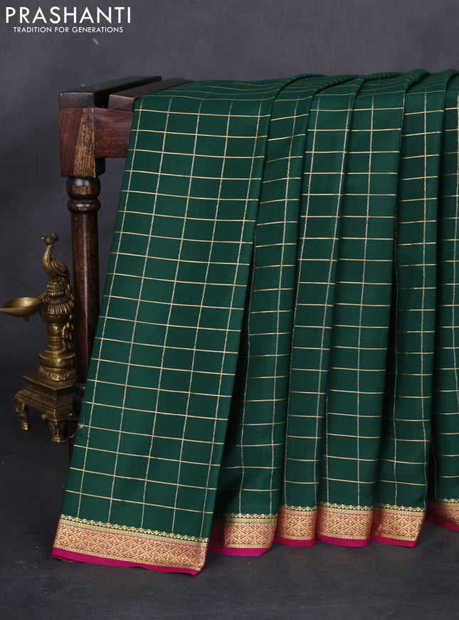 Pure mysore silk saree bottle green and magenta pink with allover zari checked pattern and zari woven border