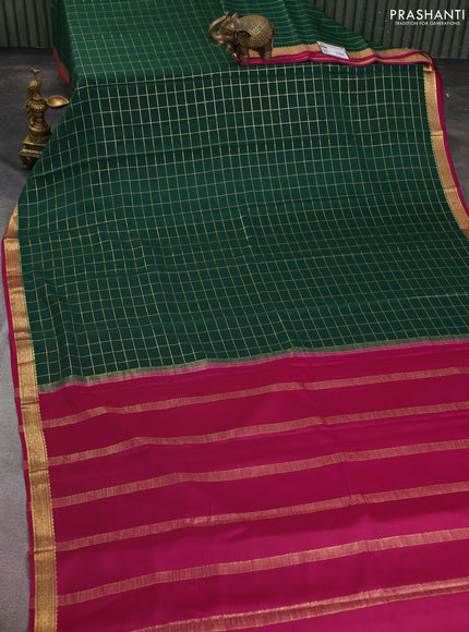 Pure mysore silk saree bottle green and magenta pink with allover zari checked pattern and zari woven border