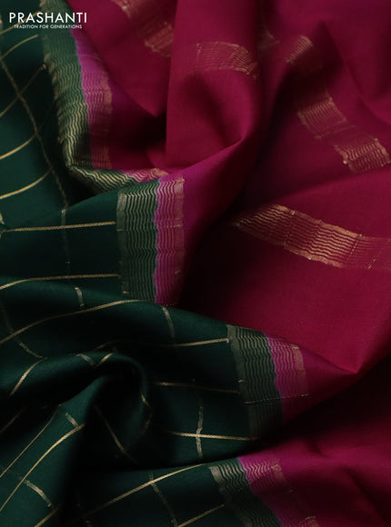 Pure mysore silk saree bottle green and magenta pink with allover zari checked pattern and zari woven border
