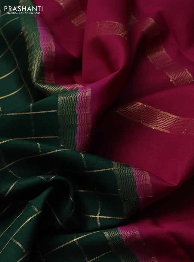 Pure mysore silk saree bottle green and magenta pink with allover zari checked pattern and zari woven border