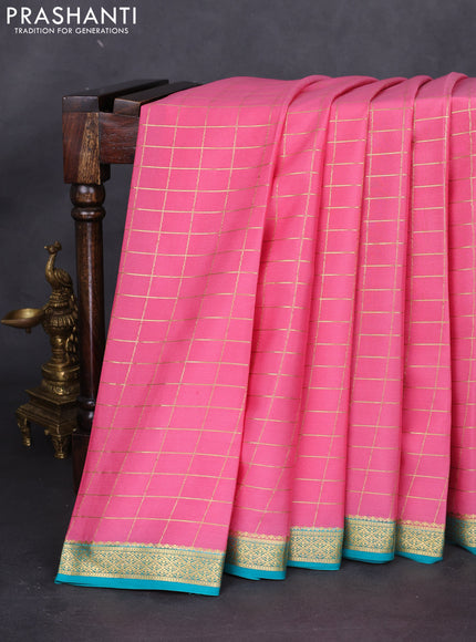 Pure mysore silk saree peach pink and teal blue with allover zari checked pattern and zari woven border