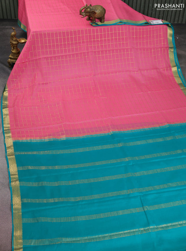 Pure mysore silk saree peach pink and teal blue with allover zari checked pattern and zari woven border