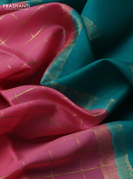 Pure mysore silk saree peach pink and teal blue with allover zari checked pattern and zari woven border