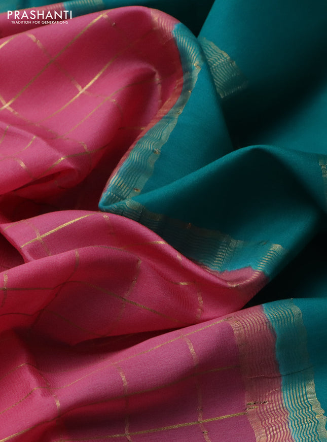 Pure mysore silk saree peach pink and teal blue with allover zari checked pattern and zari woven border