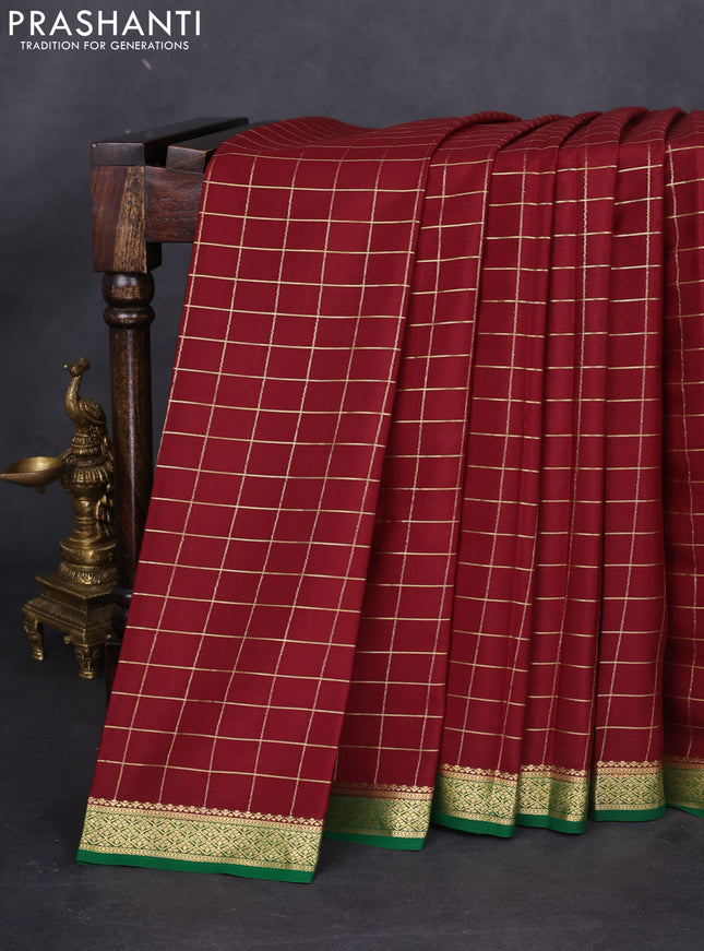 Pure mysore silk saree deep maroon and green with allover zari checked pattern and zari woven border