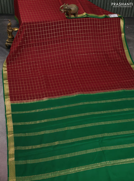 Pure mysore silk saree deep maroon and green with allover zari checked pattern and zari woven border