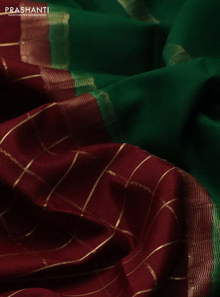 Pure mysore silk saree deep maroon and green with allover zari checked pattern and zari woven border
