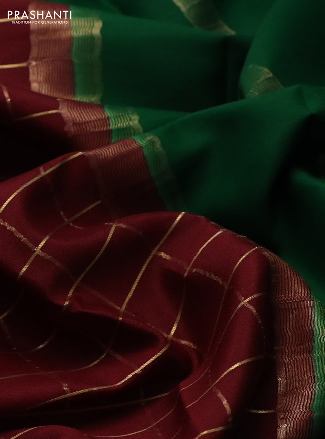 Pure mysore silk saree deep maroon and green with allover zari checked pattern and zari woven border