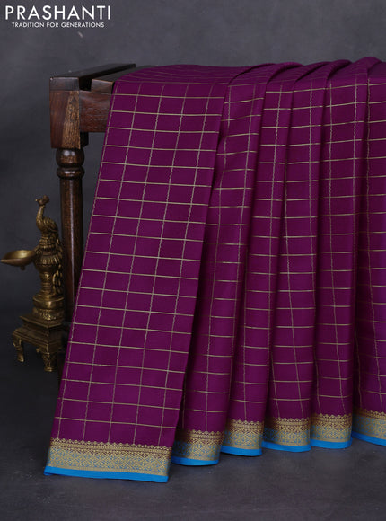Pure mysore silk saree purple and cs blue with allover zari checked pattern and zari woven border