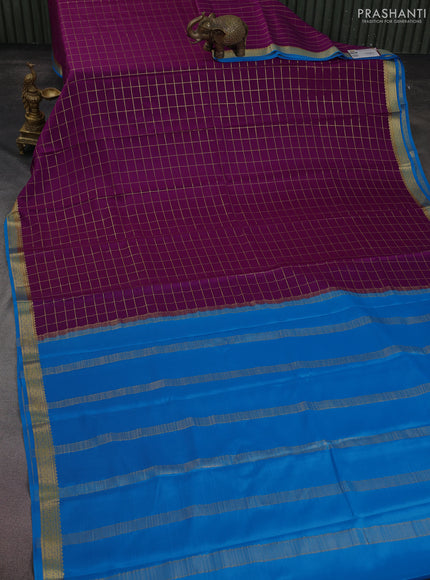 Pure mysore silk saree purple and cs blue with allover zari checked pattern and zari woven border