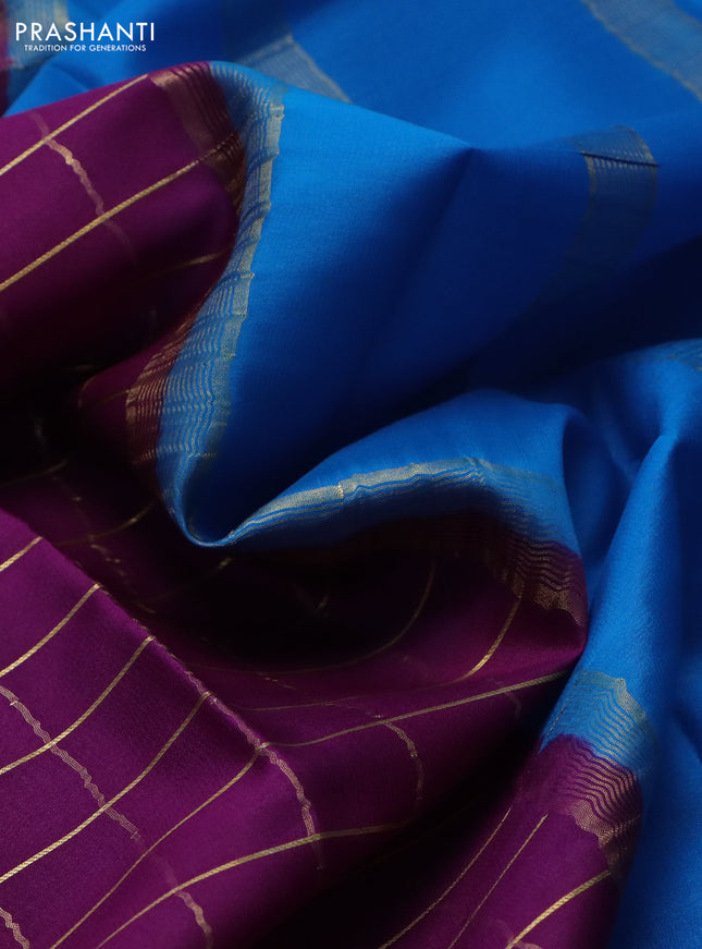 Pure mysore silk saree purple and cs blue with allover zari checked pattern and zari woven border