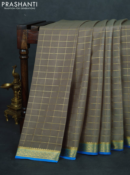 Pure mysore silk saree grey and cs blue with allover zari checked pattern and zari woven border