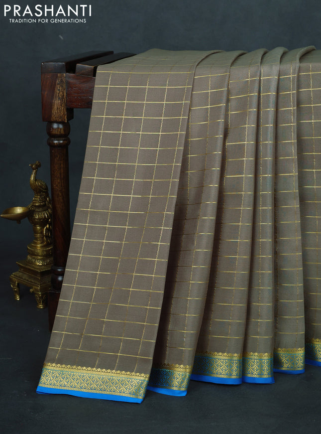 Pure mysore silk saree grey and cs blue with allover zari checked pattern and zari woven border