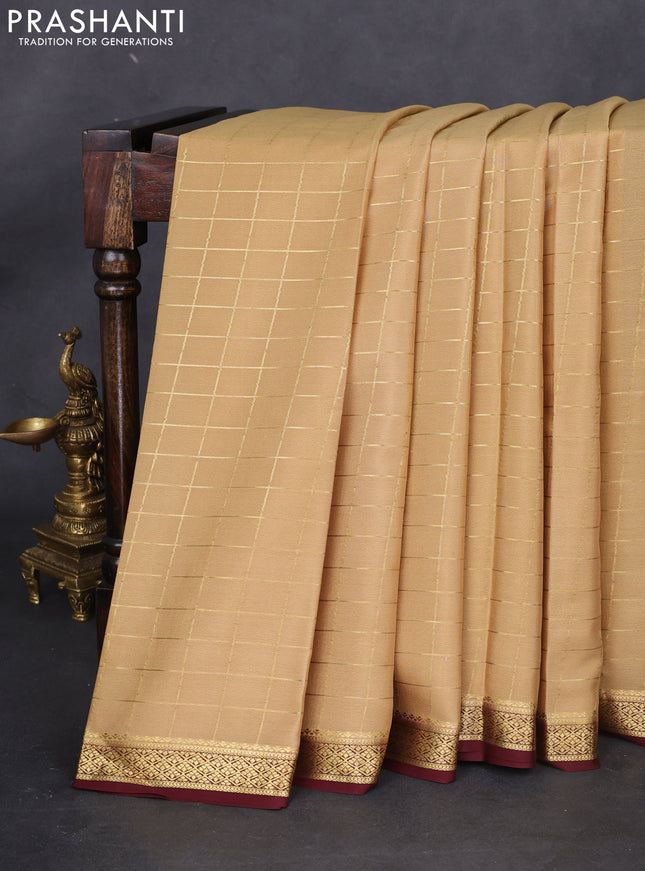 Pure mysore silk saree sandal and coffee brown with allover zari checked pattern and zari woven border