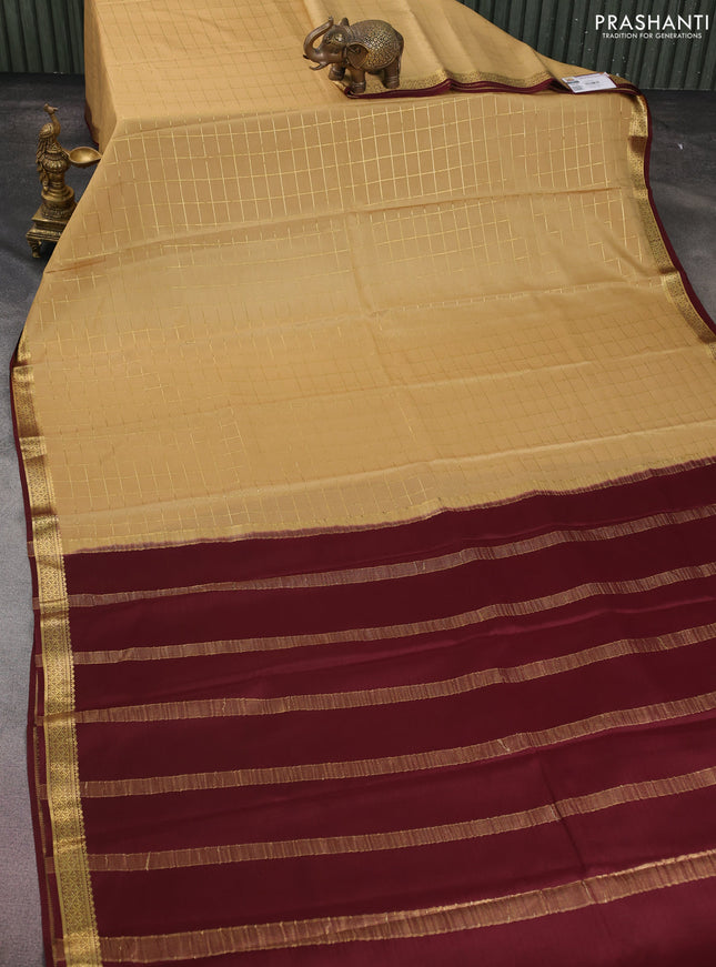 Pure mysore silk saree sandal and coffee brown with allover zari checked pattern and zari woven border