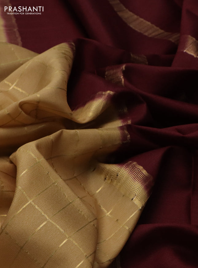 Pure mysore silk saree sandal and coffee brown with allover zari checked pattern and zari woven border