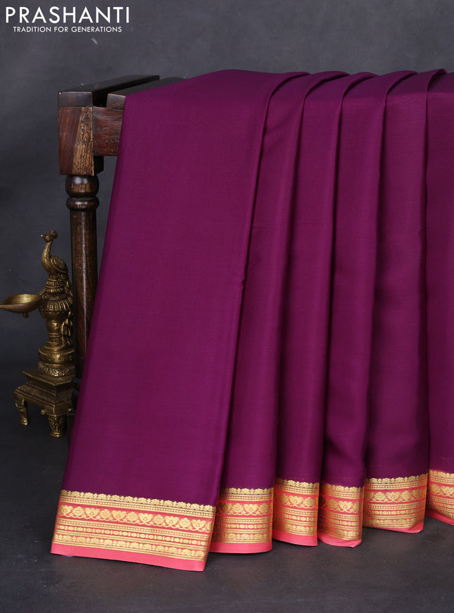Pure mysore silk saree purple and peach pink with plain body and zari woven border