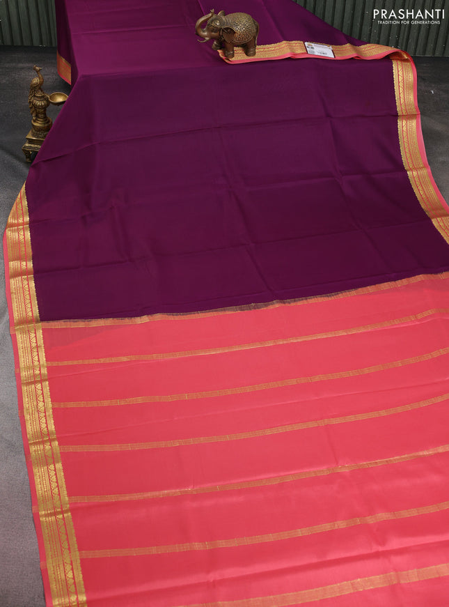 Pure mysore silk saree purple and peach pink with plain body and zari woven border