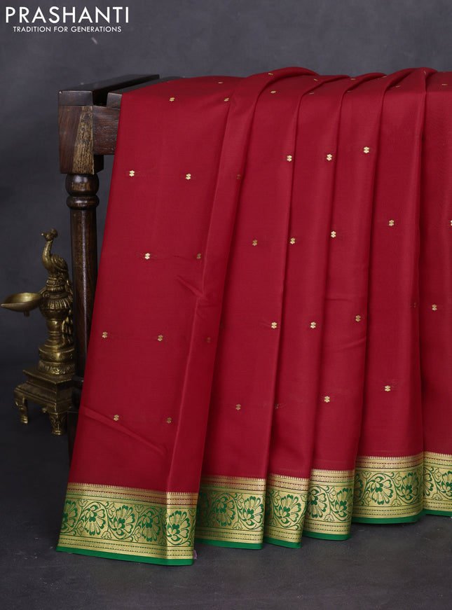 Pure mysore silk saree red and green with allover zari woven buttas and zari woven floral border