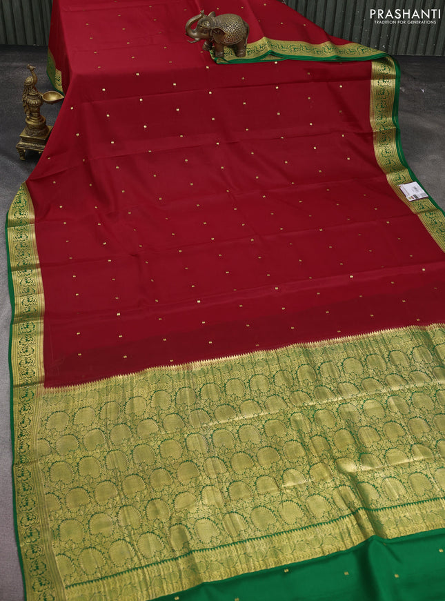Pure mysore silk saree red and green with allover zari woven buttas and zari woven floral border