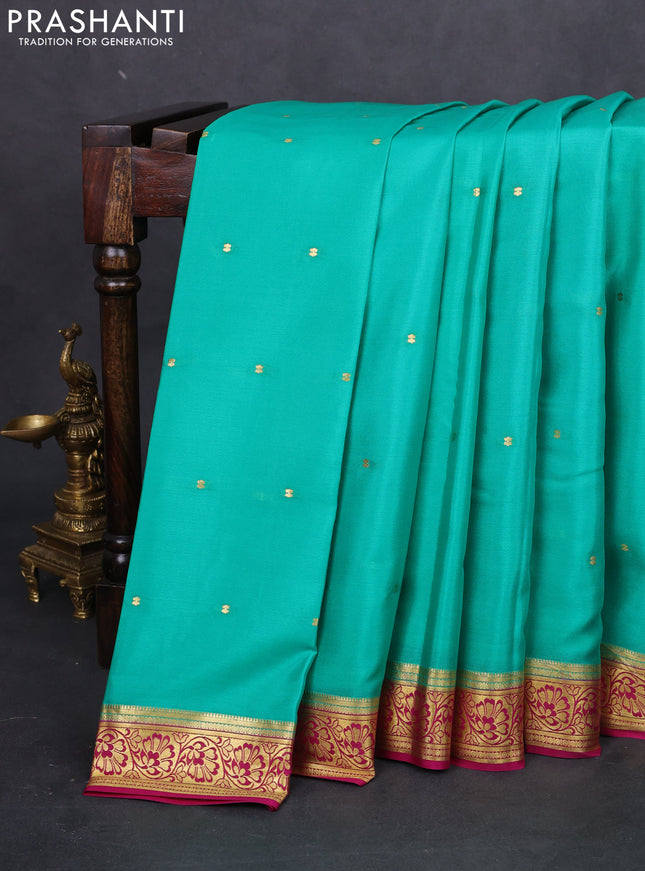 Pure mysore silk saree teal green and pink with zari woven buttas and zari woven border