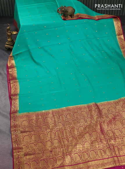 Pure mysore silk saree teal green and pink with zari woven buttas and zari woven border