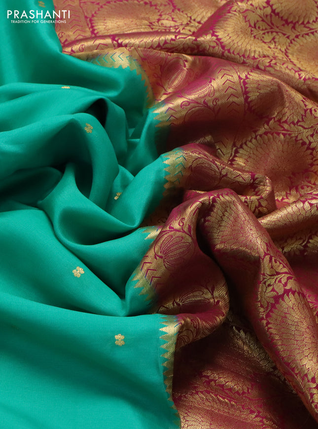 Pure mysore silk saree teal green and pink with zari woven buttas and zari woven border