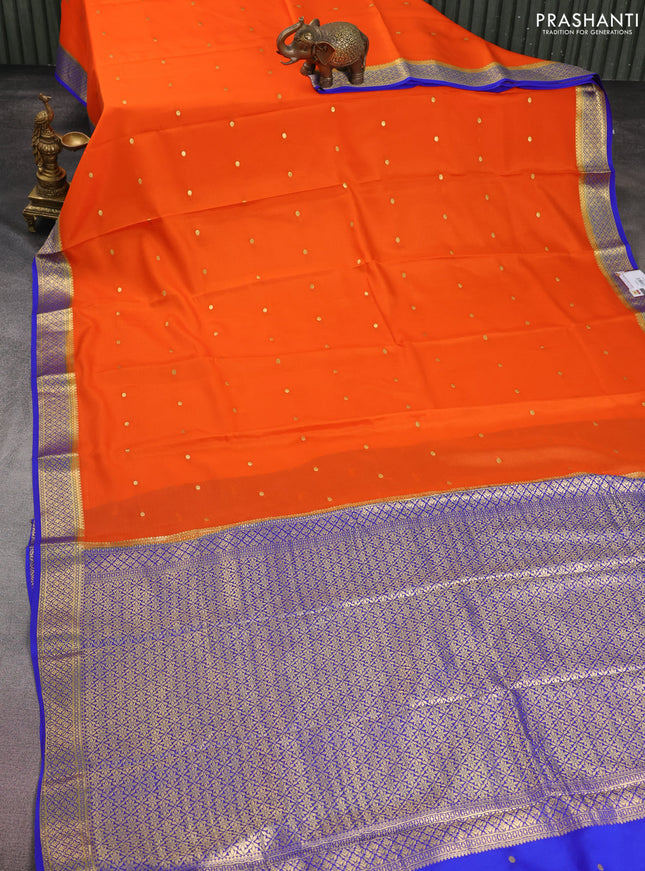 Pure mysore silk saree orange and royal blue with zari woven buttas and zari woven border
