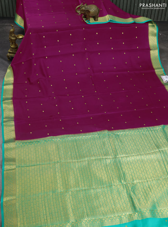 Pure mysore silk saree pink and teal green with zari woven buttas and zari woven border