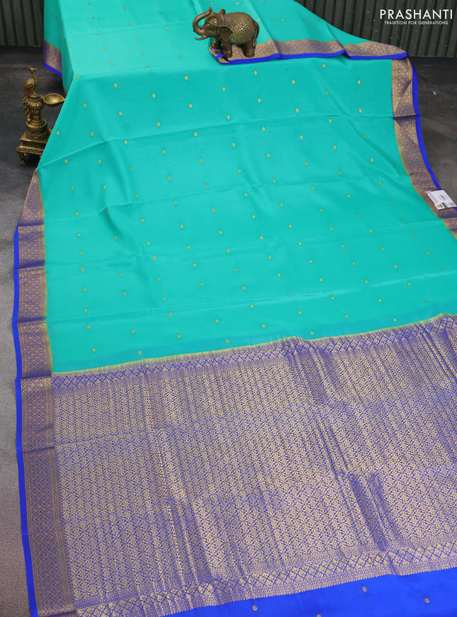 Pure mysore silk saree teal green and royal blue with zari woven buttas and zari woven border