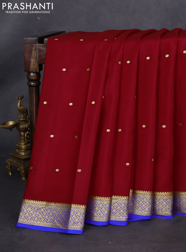 Pure mysore silk saree red and blue with zari woven buttas and zari woven border