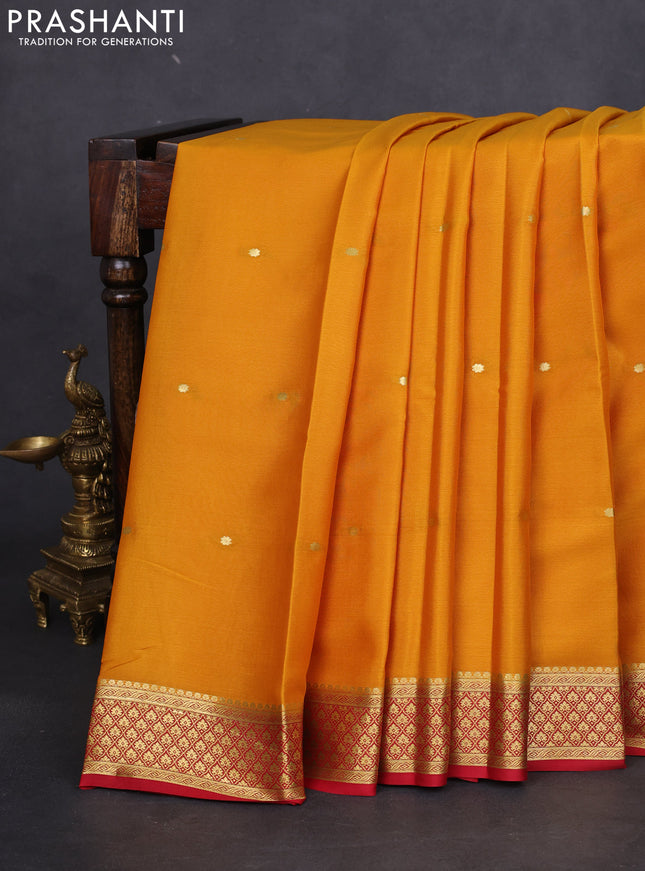 Pure mysore silk saree mustard yellow and red with zari woven buttas and zari woven border