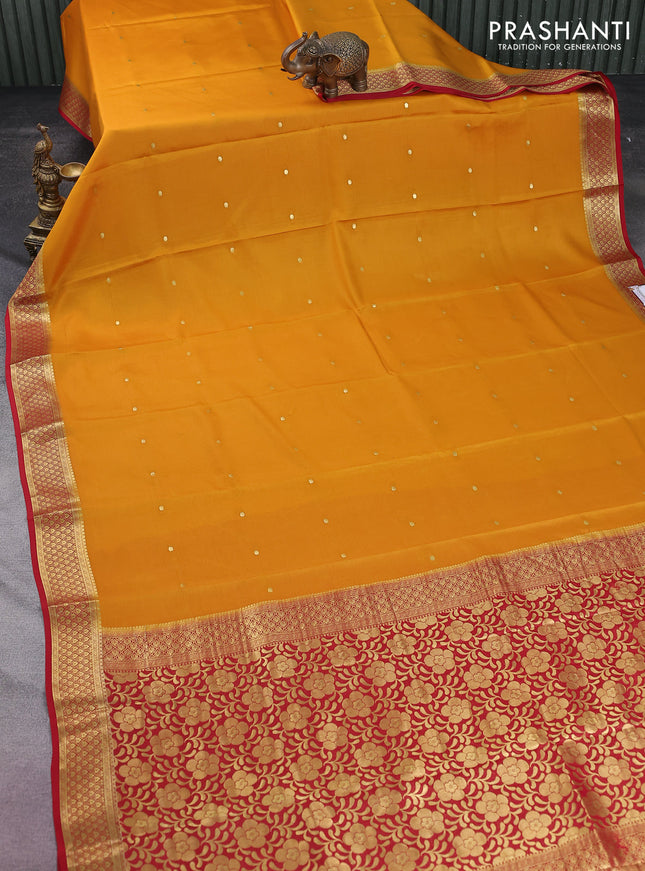 Pure mysore silk saree mustard yellow and red with zari woven buttas and zari woven border
