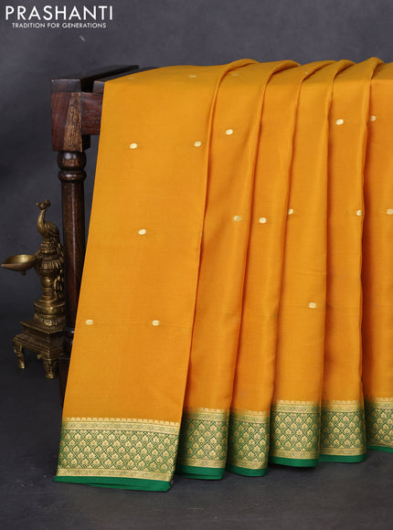 Pure mysore silk saree mustard yellow and green with zari woven buttas and zari woven border