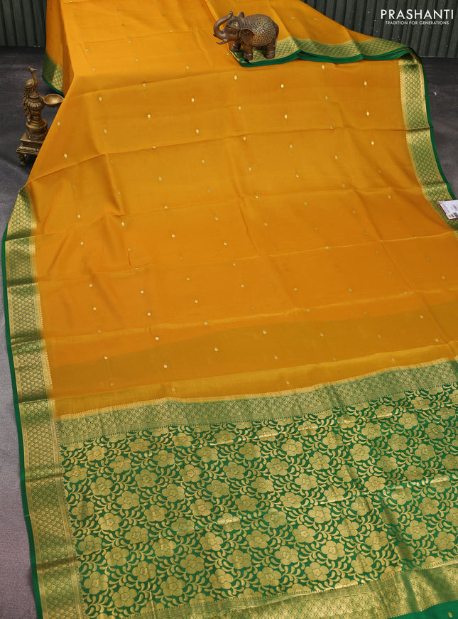 Pure mysore silk saree mustard yellow and green with zari woven buttas and zari woven border