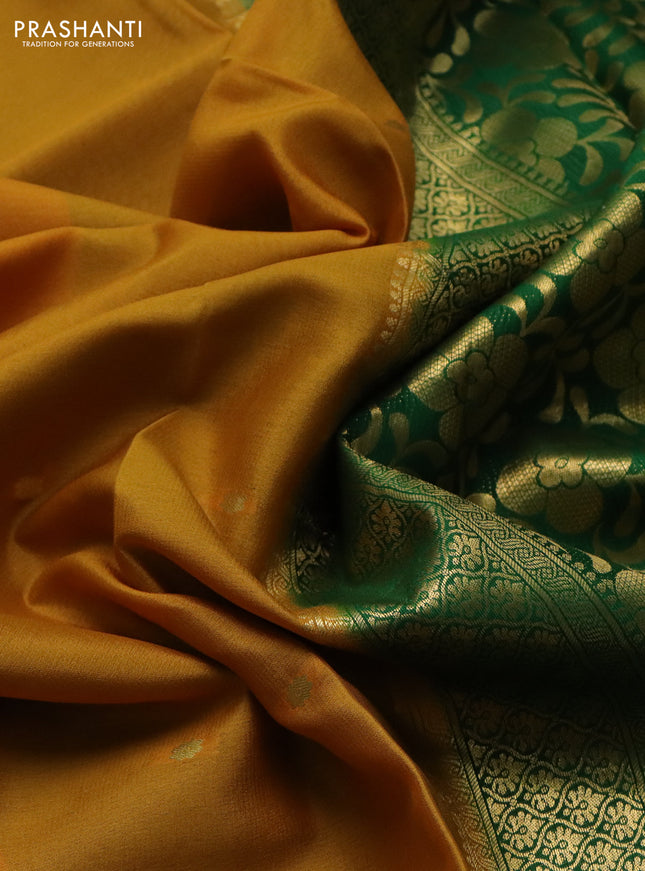 Pure mysore silk saree mustard yellow and green with zari woven buttas and zari woven border