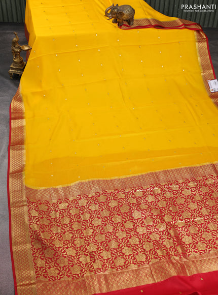 Pure mysore silk saree mango yellow and red with zari woven buttas and zari woven border