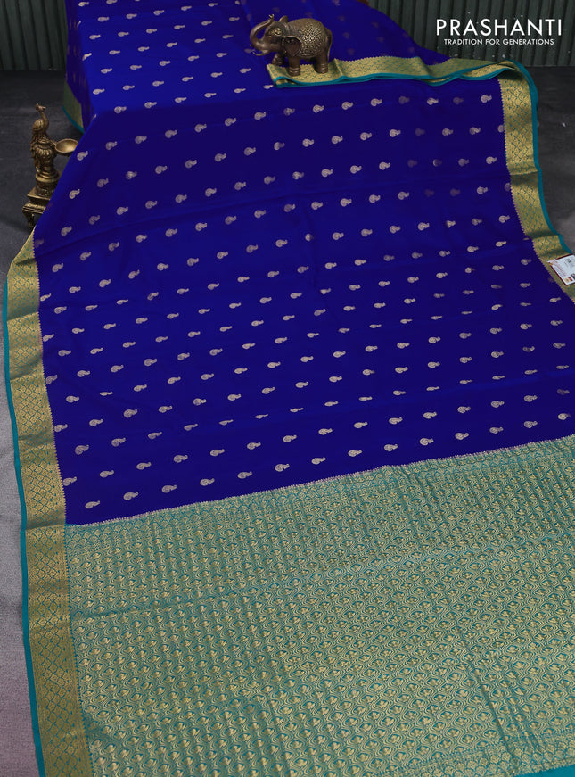 Pure mysore silk saree royal blue and teal green with annam zari woven buttas and zari woven border