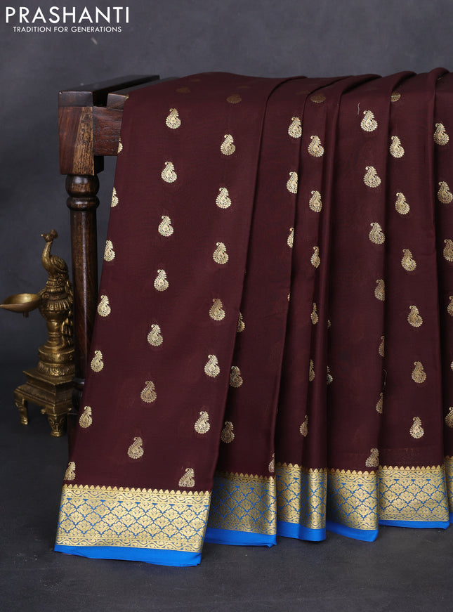 Pure mysore silk saree coffee brown and cs blue with allover zari woven buttas and zari woven border