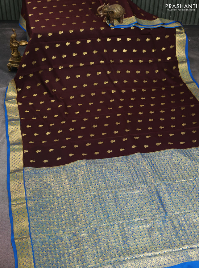 Pure mysore silk saree coffee brown and cs blue with allover zari woven buttas and zari woven border